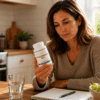 Woman researching Palmitoylethanolamide (PEA) as a potential supplement for Interstitial Cystitis and chronic bladder pain.