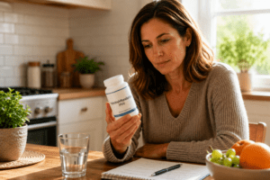 Woman researching Palmitoylethanolamide (PEA) as a potential supplement for Interstitial Cystitis and chronic bladder pain.
