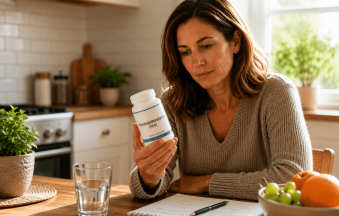Woman researching Palmitoylethanolamide (PEA) as a potential supplement for Interstitial Cystitis and chronic bladder pain.